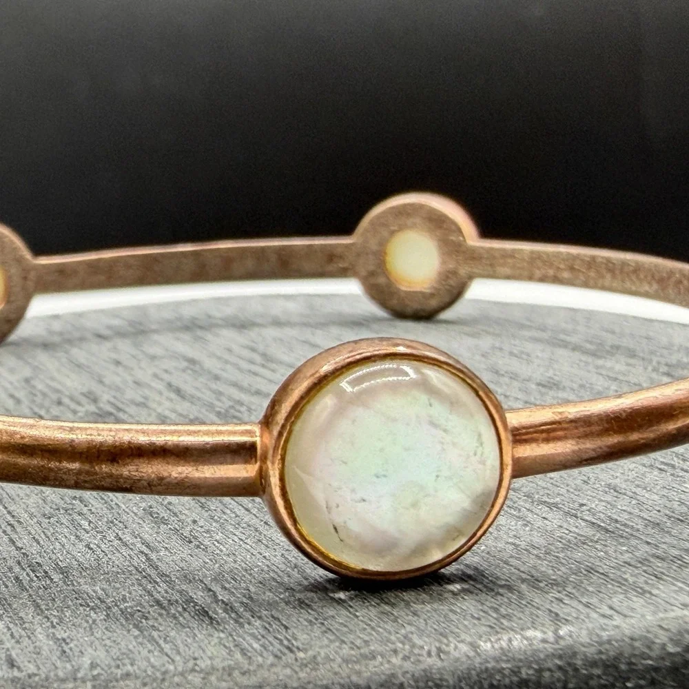 Pearlescent Shell Cabochon Copper Tone Bangle Bracelet Boho Statement Jewelry